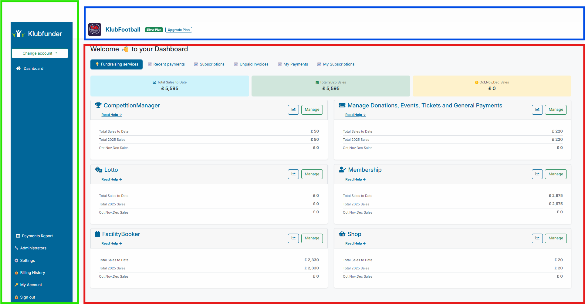 Screenshot of the Club Admin Dashboard
