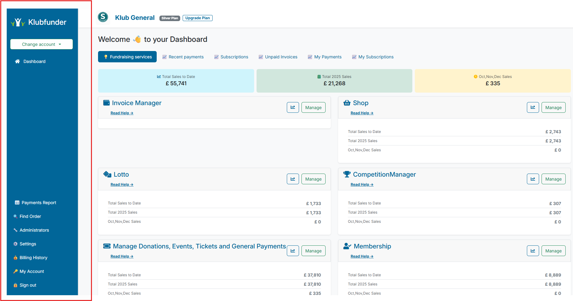 Screenshot of the Club Admin Sidebar Menu