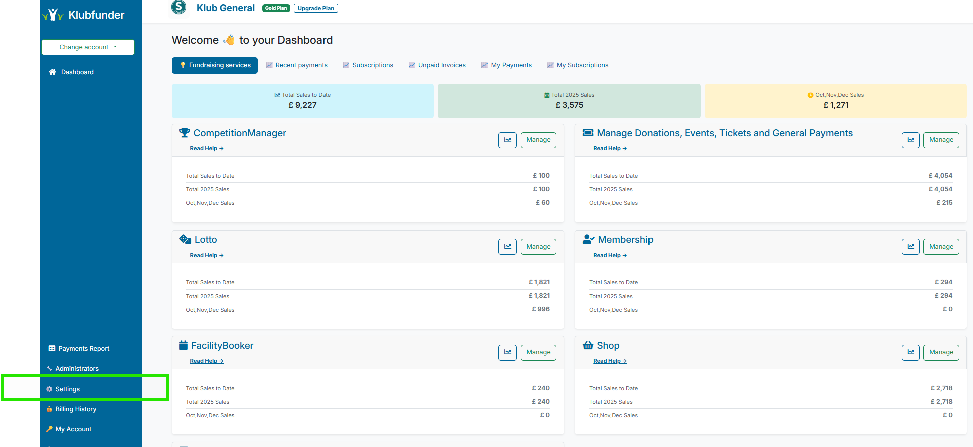 Screenshot of the Club Admin Dashboard Panel Settings