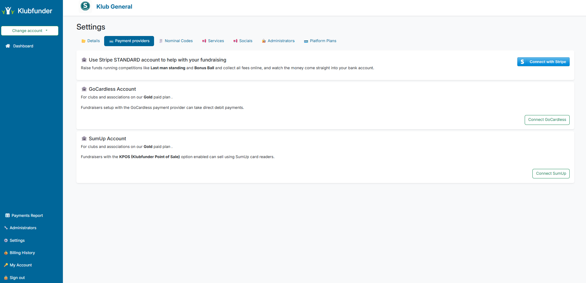Screenshot of the Club Admin Dashboard Panel Connect Accounts