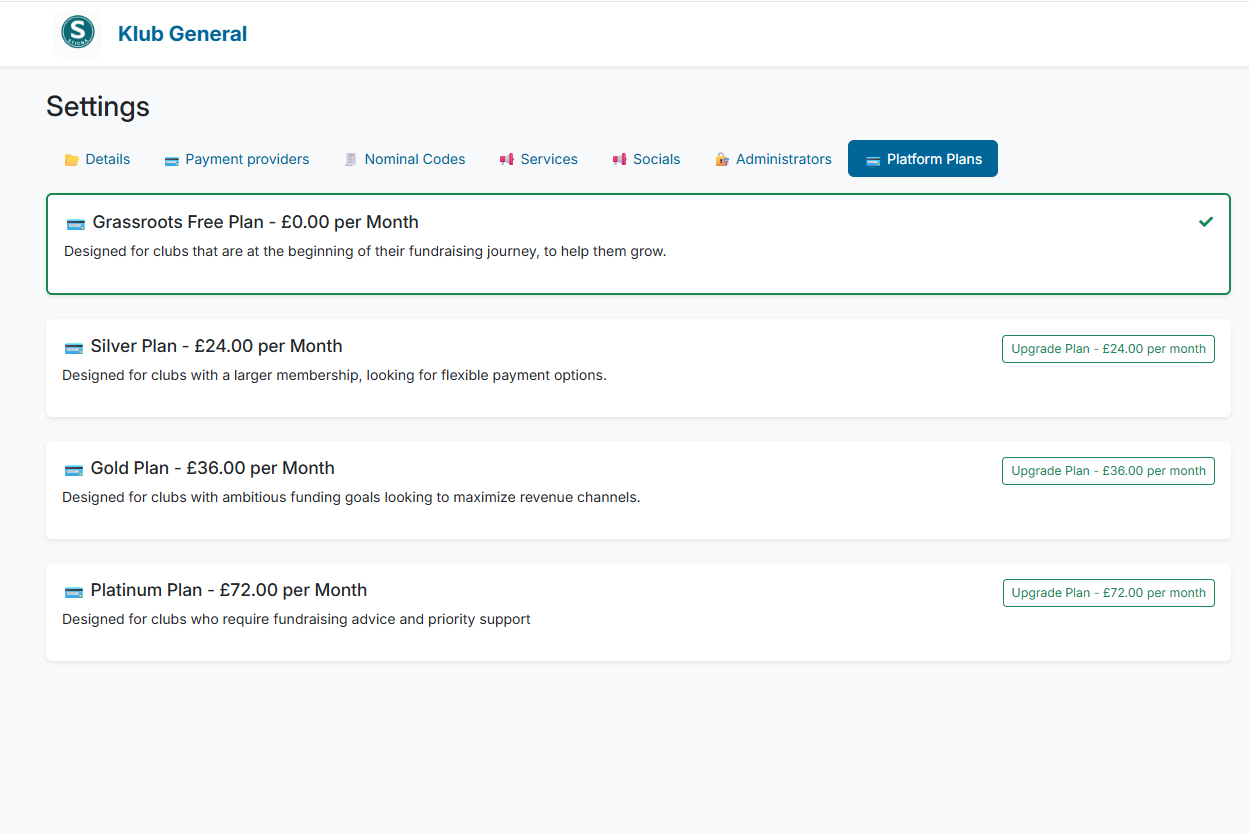 Screenshot of the Club Admin Dashboard