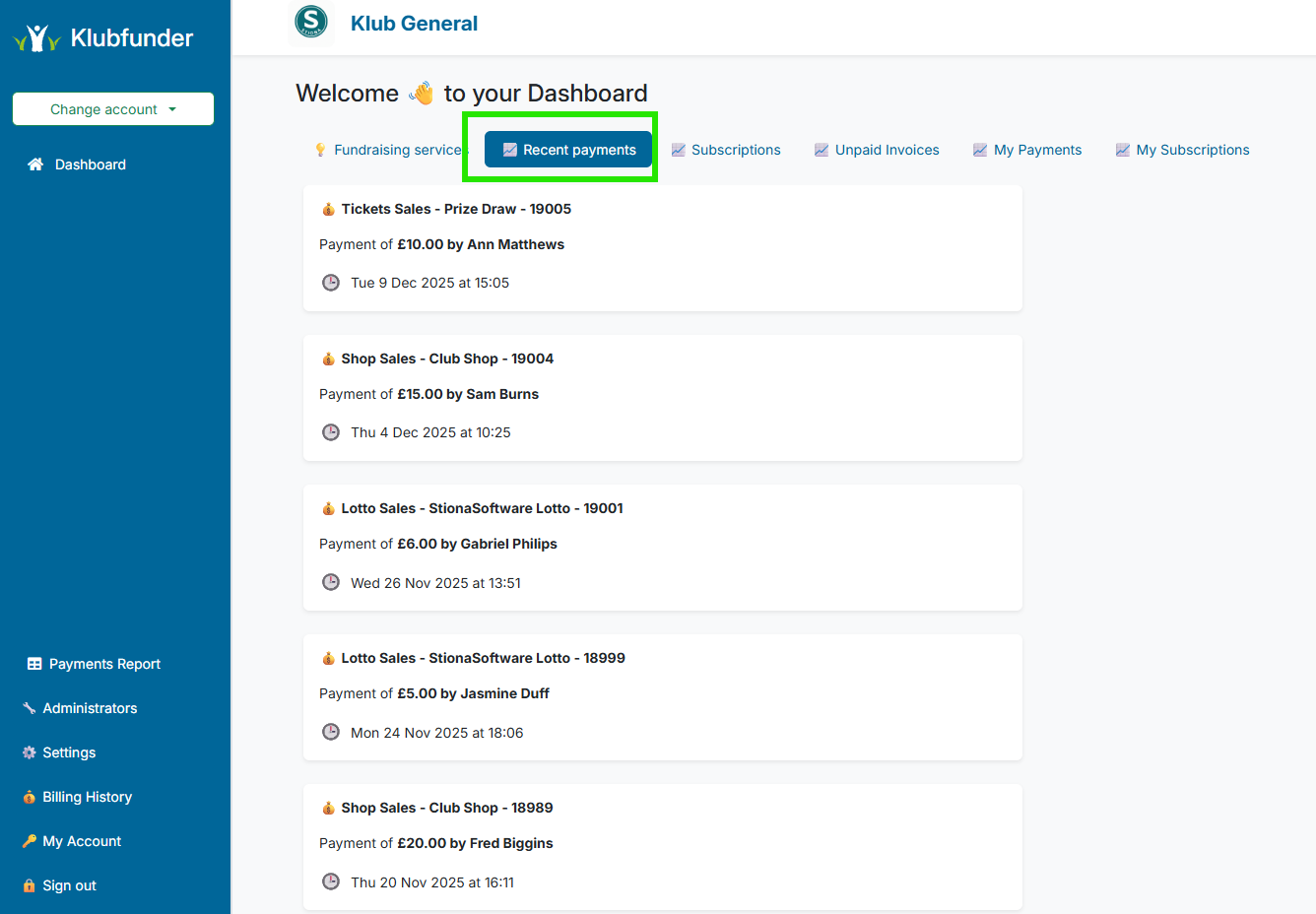 Recent Payments Screenshot