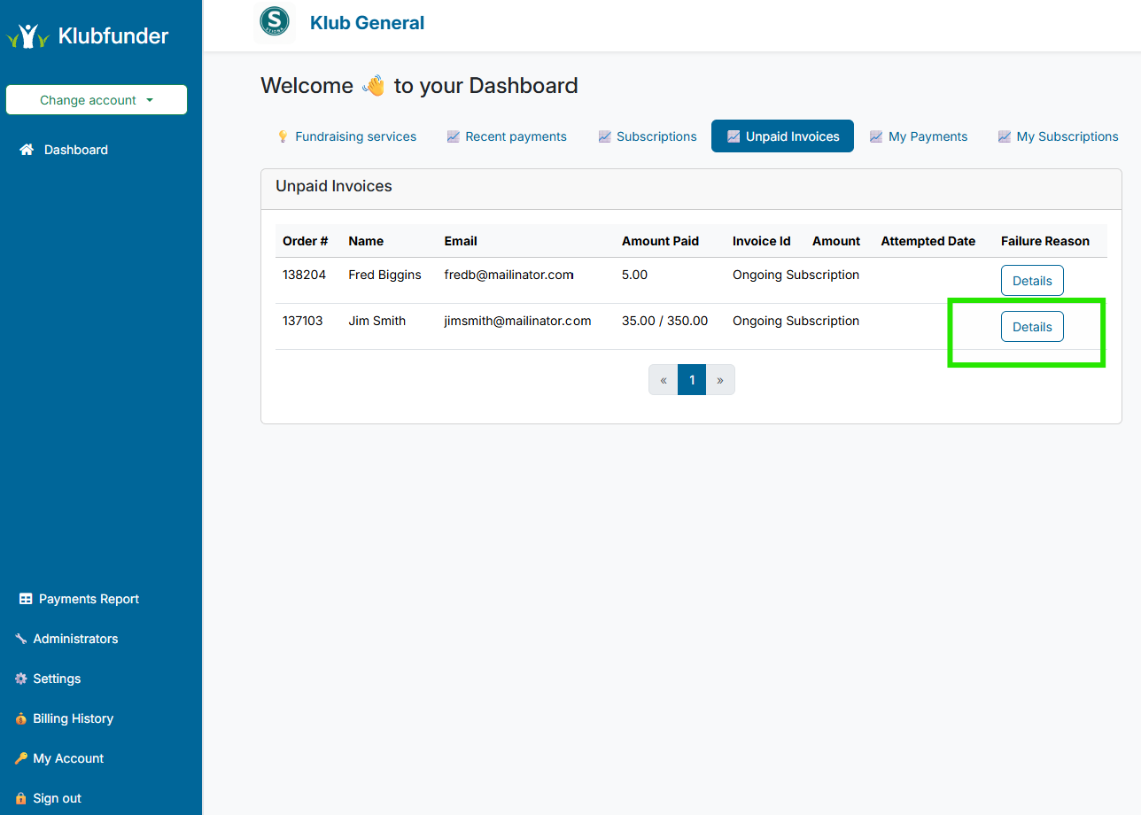 Unpaid Invoices Screenshot