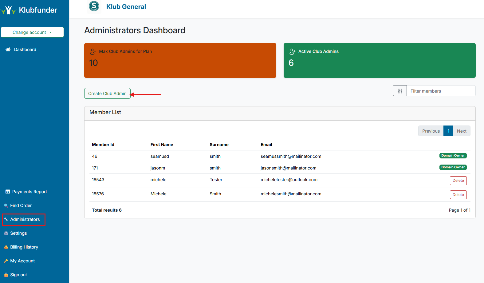 Manage Administrators screen