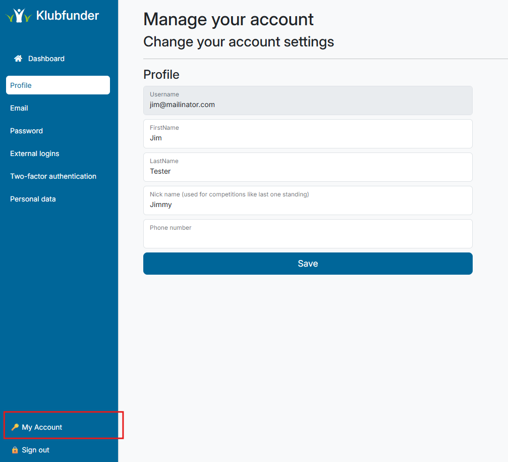 My Account link in sidebar