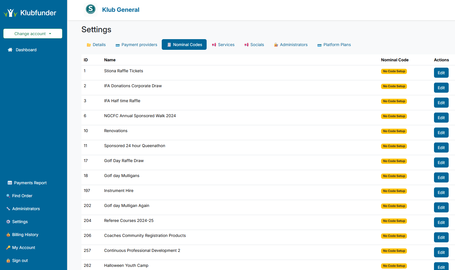 Nominal Codes screen