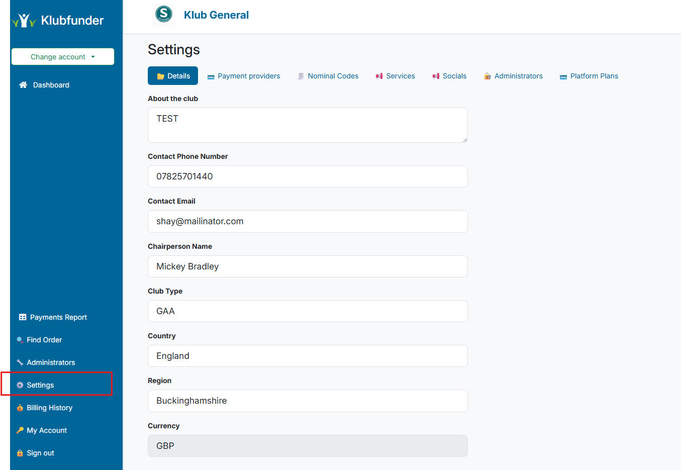 Club Settings screen
