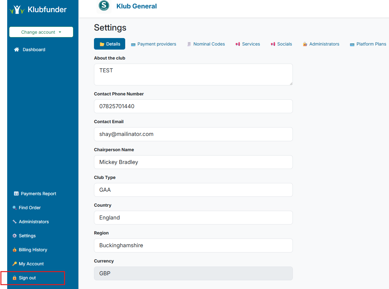 Sign Out link in sidebar